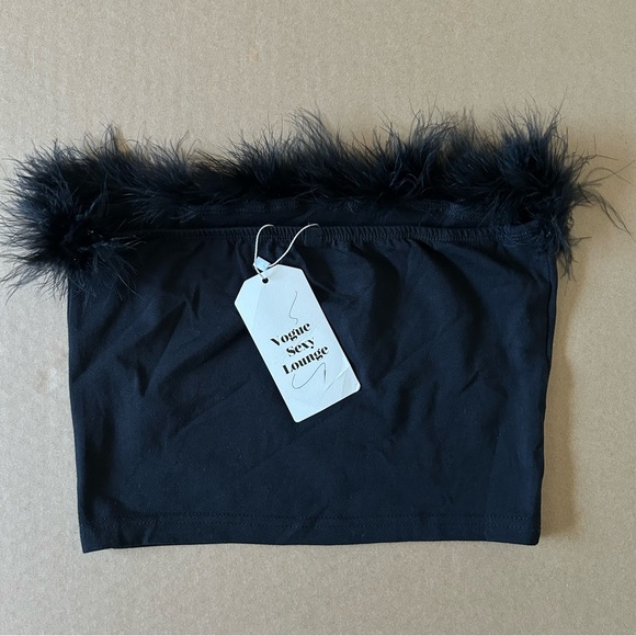 Sexy Tube Top Cropped Sleeveless Bandeau Bedazzled Cherry Print Feather Trim - Picture 6 of 10